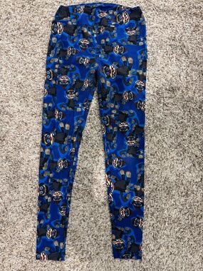 LuLaRoe black sock monkey leggings with blue background OS fits 2-10